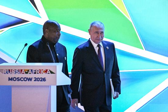 President of Russia Vladimir Putin and President of Burundi, Chairperson of the African Union Evariste Ndayishimiye at the plenary session of the Russia-Africa Economic and Humanitarian Forum in Moscow. Location: Russia, Moscow. Plenary session of Russia-Africa Forum in Moscow
