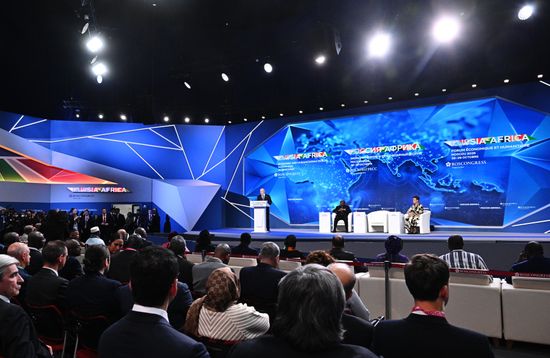 Russian President Vladimir Putin is seen speaking at the plenary session of the Russia-Africa Economic and Humanitarian Forum in Moscow. Location: Russia, Moscow. Author: Sergey Bobylev/Sputnik. Plenary session of Russia-Africa Forum in Moscow