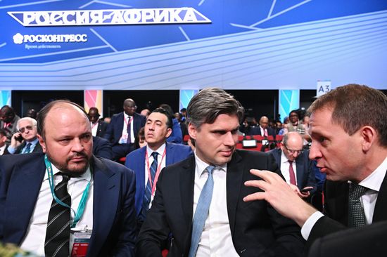 From left: President of the Russian Fertilizer Producers Association Andrei Guryev; Director General of the State Space Corporation Roscosmos Dmitry Bakanov; and Russian Minister of Natural Resources and Environment Alexander Kozlov at the plenary session of the Russia-Africa Economic and Humanitarian Forum in Moscow. Location: Russia, Moscow. Author: Sergey Bobylev/Sputnik. Plenary session of Russia-Africa Forum in Moscow