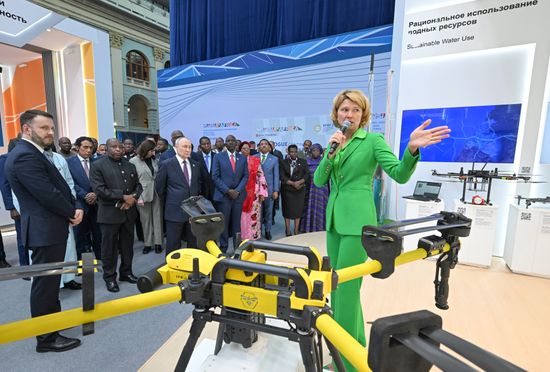 President Vladimir Putin visits exhibition of advanced Russian solutions at the Russia-Africa Forum