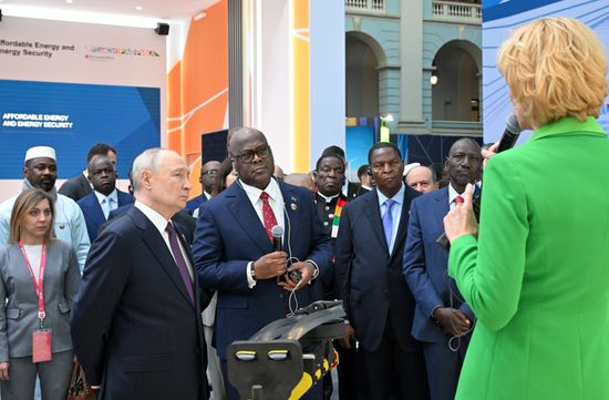 President Vladimir Putin visits exhibition of advanced Russian solutions at the Russia-Africa Forum