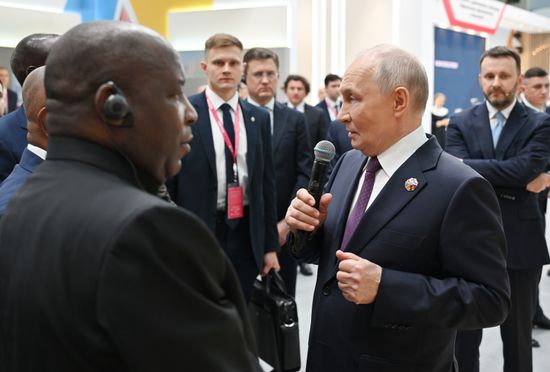 President Vladimir Putin visits exhibition of advanced Russian solutions at the Russia-Africa Forum