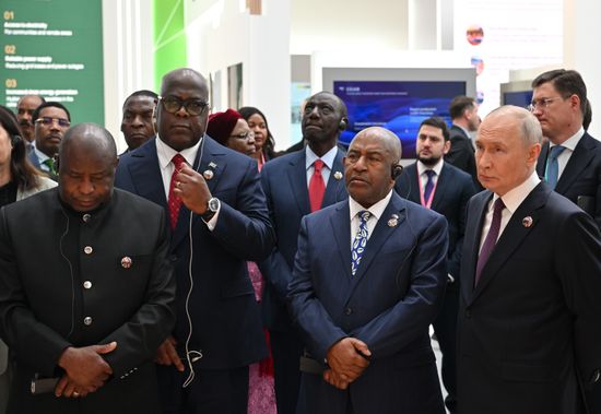 President Vladimir Putin visits exhibition of advanced Russian solutions at the Russia-Africa Forum