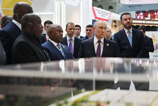 President Vladimir Putin visits exhibition of advanced Russian solutions at the Russia-Africa Forum