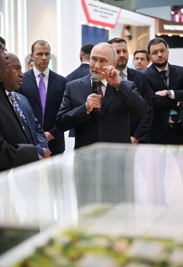 President Vladimir Putin visits exhibition of advanced Russian solutions at the Russia-Africa Forum