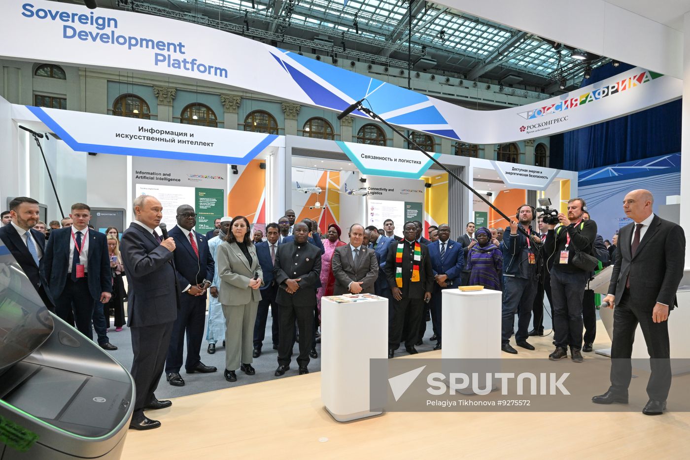 President Vladimir Putin visits exhibition of advanced Russian solutions at the Russia-Africa Forum