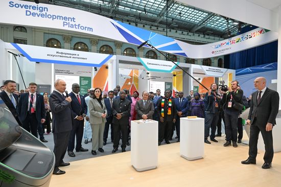 President Vladimir Putin visits exhibition of advanced Russian solutions at the Russia-Africa Forum