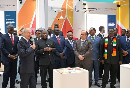 President Vladimir Putin visits exhibition of advanced Russian solutions at the Russia-Africa Forum