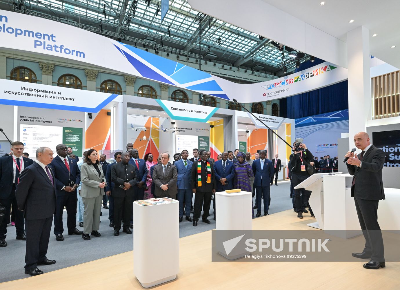 President Vladimir Putin visits exhibition of advanced Russian solutions at the Russia-Africa Forum