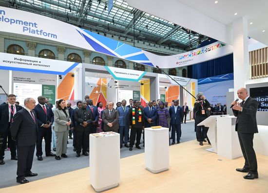 President Vladimir Putin visits exhibition of advanced Russian solutions at the Russia-Africa Forum