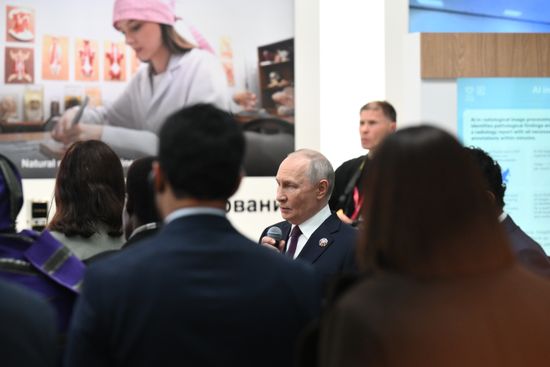 President Vladimir Putin visits exhibition of advanced Russian solutions at the Russia-Africa Forum