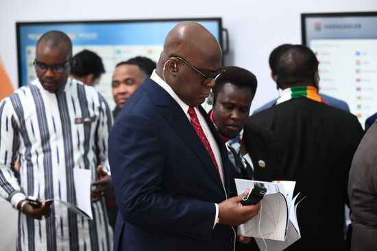 Russian President Vladimir Putin, together with African leaders, tours the Platform for Sovereign Development: Advanced Russian Solutions in Key Economic and Social Sectors exhibition, held on the sidelines of the Russia–Africa Economic and Humanitarian Forum in Moscow. Location: Russia, Moscow. Author: Vladimir Astapkovich/Sputnik. President Vladimir Putin visits exhibition of advanced Russian solutions at the Russia-Africa Forum