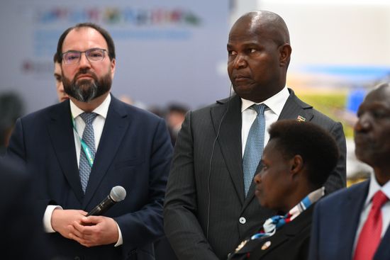 From left: Russian Minister of Digital Development, Communications and Mass Media Maksut Shadayev, President of Mozambique Daniel Francisco Chapo, and Vice President of Uganda Jessica Rose Epel Alupo tour the Platform for Sovereign Development: Advanced Russian Solutions in Key Economic and Social Sectors exhibition, held on the sidelines of the Russia–Africa Economic and Humanitarian Forum in Moscow. Location: Russia, Moscow. Author: Vladimir Astapkovich/Sputnik. President Vladimir Putin visits exhibition of advanced Russian solutions at the Russia-Africa Forum