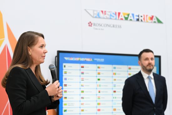 Deputy Mayor of Moscow for Social Development Anastasia Rakova and Deputy Chief of Staff of the Presidential Executive Office of the Russian Federation Maxim Oreshkin at the Platform for Sovereign Development: Advanced Russian Solutions in Key Economic and Social Sectors exhibition, held on the sidelines of the Russia–Africa Economic and Humanitarian Forum in Moscow. Location: Russia, Moscow. Author: Maksim Blinov/Sputnik. President Vladimir Putin visits exhibition of advanced Russian solutions at the Russia-Africa Forum