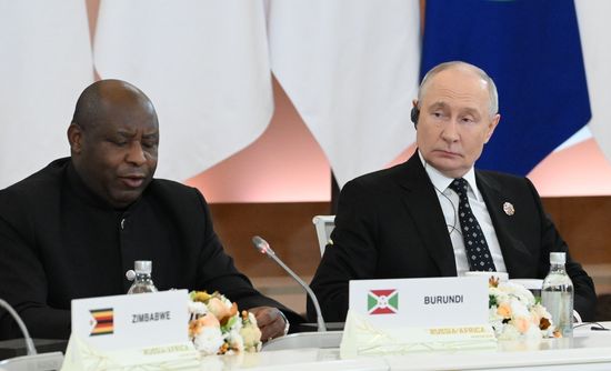 Russian President Vladimir Putin during a meeting with the heads of African regional organizations, held on the sidelines of the 3rd Russia–Africa Summit and Forum. Left: President of Burundi, Chairperson of the African Union Evariste NdayishimiyeRussian President Vladimir Putin during a meeting with the heads of African regional organizations, held on the sidelines of the 3rd Russia–Africa Summit and Forum. Left: President of Burundi, Chairperson of the African Union Evariste Ndayishimiye. Location: Russia, Moscow. Author: Alexandr Kryazhev/Sputnik. Russian President Vladimir Putin meets with heads of African regional organizations