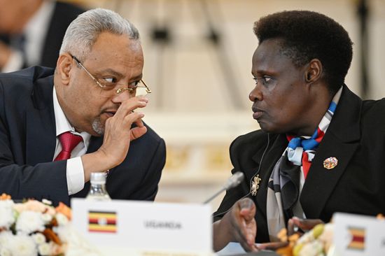Minister of Foreign Affairs of Djibouti Abdoulkader Houssein Omar and Vice President of Uganda Jessica Rose Epel Alupo at a meeting between Russian President Vladimir Putin and the heads of African regional organizations held on the sidelines of the 3rd Russia–Africa Summit and Forum. Location: Russia, Moscow. Author: Sergey Bobylev/Sputnik. Russian President Vladimir Putin meets with heads of African regional organizations