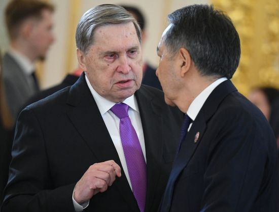 Aide to the President of Russia Yury Ushakov and Chairman of the Board of the Eurasian Economic Commission Bakytzhan Sagintayev, right, ahead of a meeting between Russian President Vladimir Putin and the heads of African regional organizations held on the sidelines of the 3rd Russia–Africa Summit and Forum. Location: Russia, Moscow. Author: Alexandr Kryazhev/Sputnik. Russian President Vladimir Putin meets with heads of African regional organizations