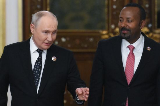 President of Russia Vladimir Putin and Prime Minister of Ethiopia Abiy Ahmed, right, during their meeting on the sidelines of the 3rd Russia–Africa Summit and Forum in Moscow. Location: Russia, Moscow. Author: Grigory Sysoev/Sputnik. President of Russia Vladimir Putin meets with Prime Minister of Ethiopia Abiy Ahmed