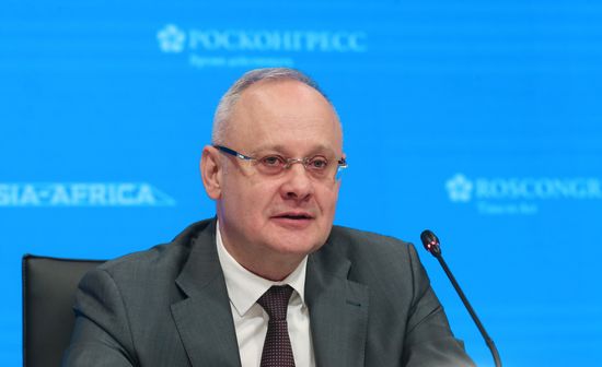 Russian Presidential Adviser Anton Kobyakov during a briefing at the Russia-Africa Forum in Moscow. Location: Russia, Moscow. Author: Mikhail Serbin/Sputnik. Briefing by Russian Presidential Adviser Anton Kobyakov at Russia-Africa Forum