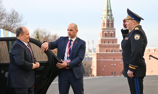 Prime Minister of Algeria Sifi Ghrieb arrives at the Kremlin for a plenary session and a group photo of the 3rd Russia-Africa Summit and Forum participants. Right: Commandant of the Moscow Kremlin Lieutenant General Sergei Udovenko. Location: Russia, Moscow. Author: Maksim Blinov/Sputnik. Russia-Africa Summit and Forum group photo