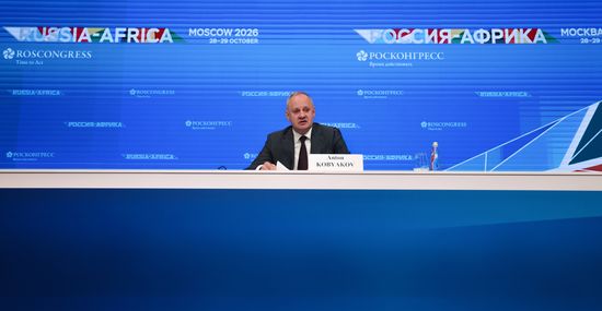 Russian Presidential Adviser Anton Kobyakov during a briefing at the Russia-Africa Forum in Moscow. Location: Russia, Moscow. Author: Mikhail Serbin/Sputnik. Briefing by Russian Presidential Adviser Anton Kobyakov at Russia-Africa Forum