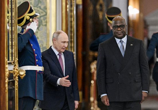 Russian President Vladimir Putin and President of the Democratic Republic of the Congo Felix Antoine Tshisekedi Tshilombo during a meeting on the sidelines of the 3rd Russia-Africa Summit in Moscow. Location: Russia, Moscow. Author: Sergey Bobylev/Sputnik. Russian President Vladimir Putin meets with President of the Democratic Republic of the Congo Felix Antoine Tshisekedi Tshilombo