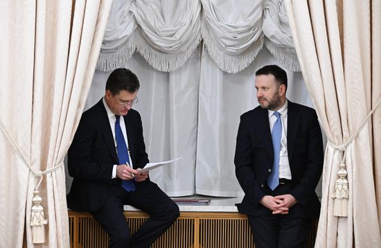 Russian Deputy Prime Minister Alexander Novak, left, and Deputy Chief of Staff of the Presidential Executive Office Maxim Oreshkin before Russian President Vladimir Putin's meeting with President of the Council of Ministers of Togo Faure Essozimna Gnassingbe on the sidelines of the 3rd Russia-Africa Summit in Moscow. Location: Russia, Moscow. Author: Sergey Bobylev/Sputnik. Russian President Vladimir Putin meets with President of the Council of Ministers of Togo Faure Essozimna Gnassingbe